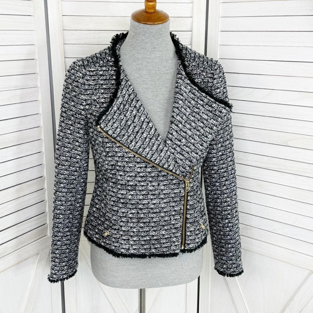 J. Crew Tweed Jacket Women Size 6 Black Fringe Hem‎ Zip Front Moto Blazer Crop